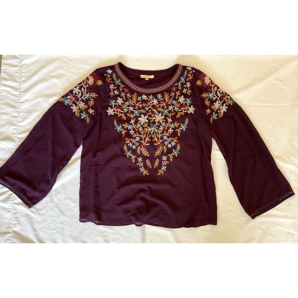 Skies are Blue Womens Purple Lined Tunic Embroidered Flower & Leaf Design Size L